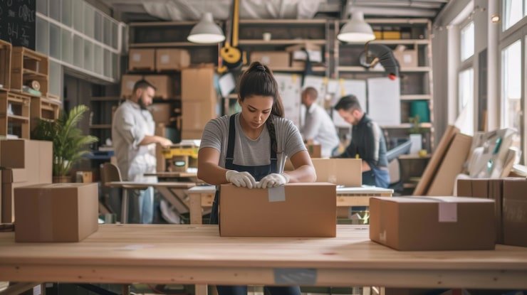 Packaging worker preparing boxes