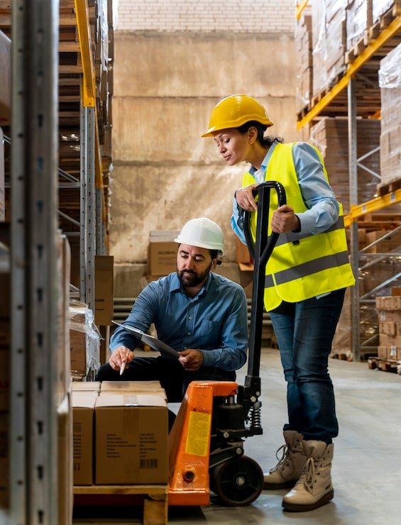 Warehouse supervisors with pallet jack